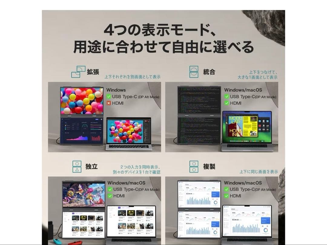 デュアルモバイルモニター 14インチ×2画面 ドライバー不要 非光沢IPS 10