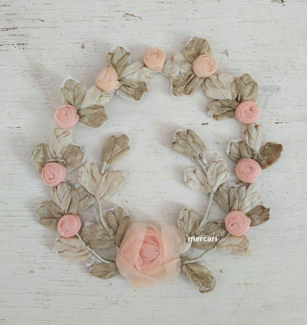 アンティーク シルク製 シルクシフォン 淡いピンクの薔薇 ロココモチーフ (中)