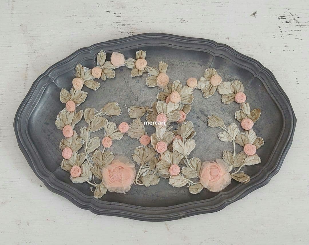 アンティーク シルク製 シルクシフォン 淡いピンクの薔薇 ロココモチーフ (中)