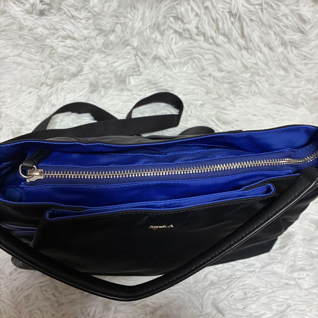アニエスベー　2wayバッグ　ナイロン　レザー　ゴールドロゴ　ブラック×ブルー
