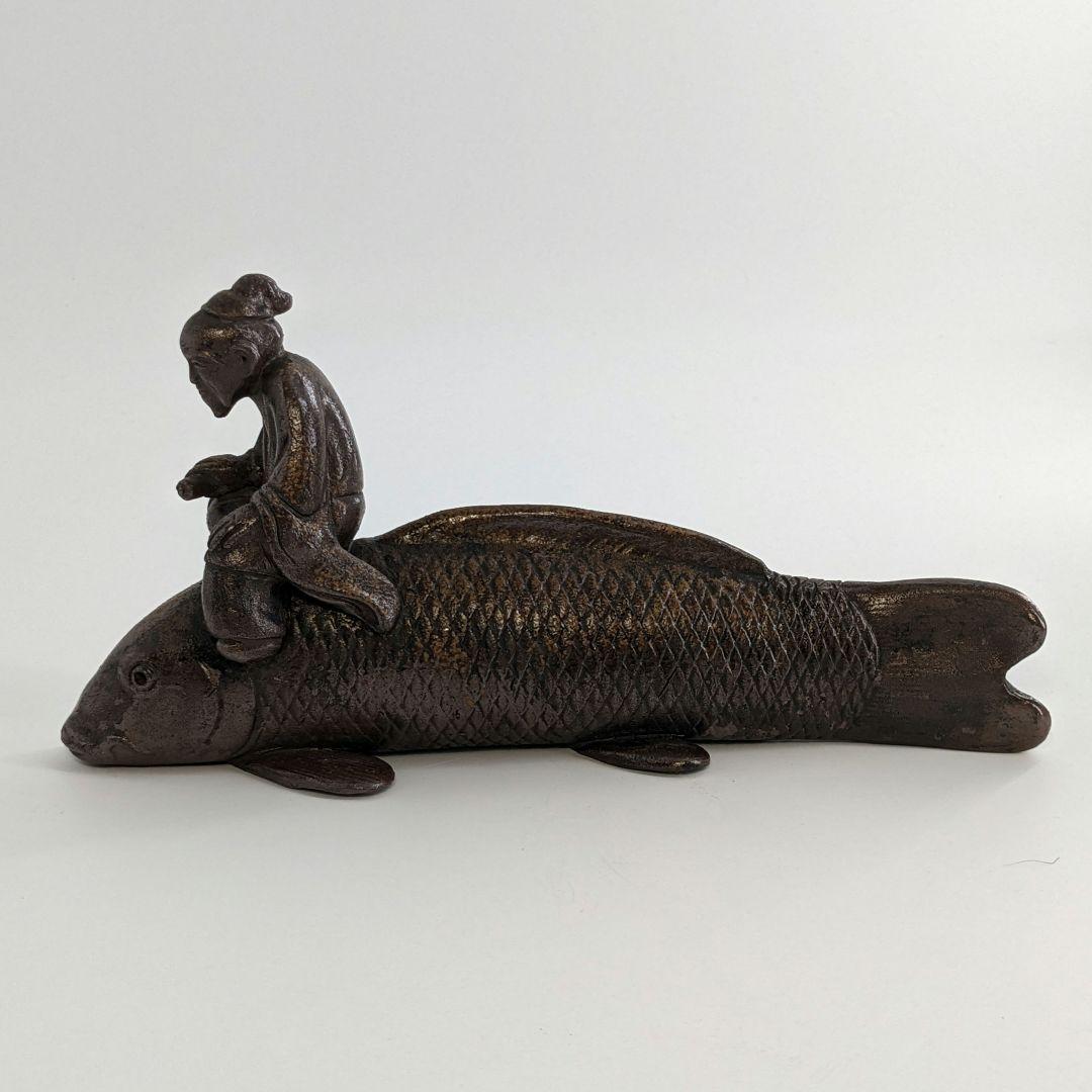木村陶峰 備前焼 鯉仙人置物 琴高仙人 細工物 魚 縁起物 工芸品 インテリア