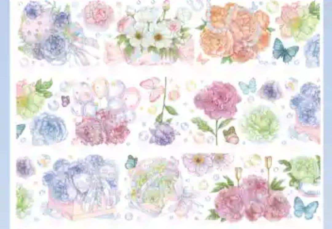 巻売 596★ 海外 マスキングテープ マステ PET 花 薔薇 蝶 銀ホロ