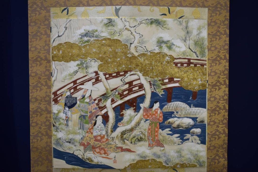 真作/岡島良山/山水人物図/桐箱二重箱付/布袋屋掛軸HE-871