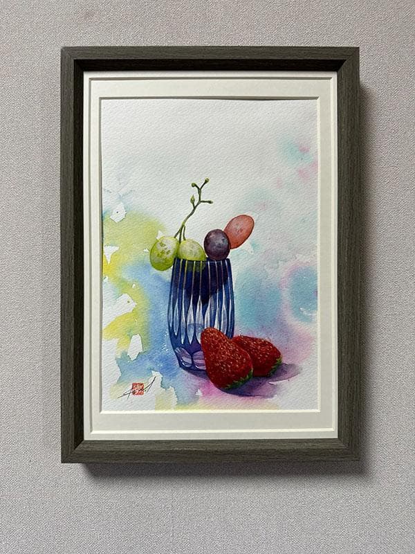 水彩アート「江戸切子と果実　弐」1点物、手描き、真筆。