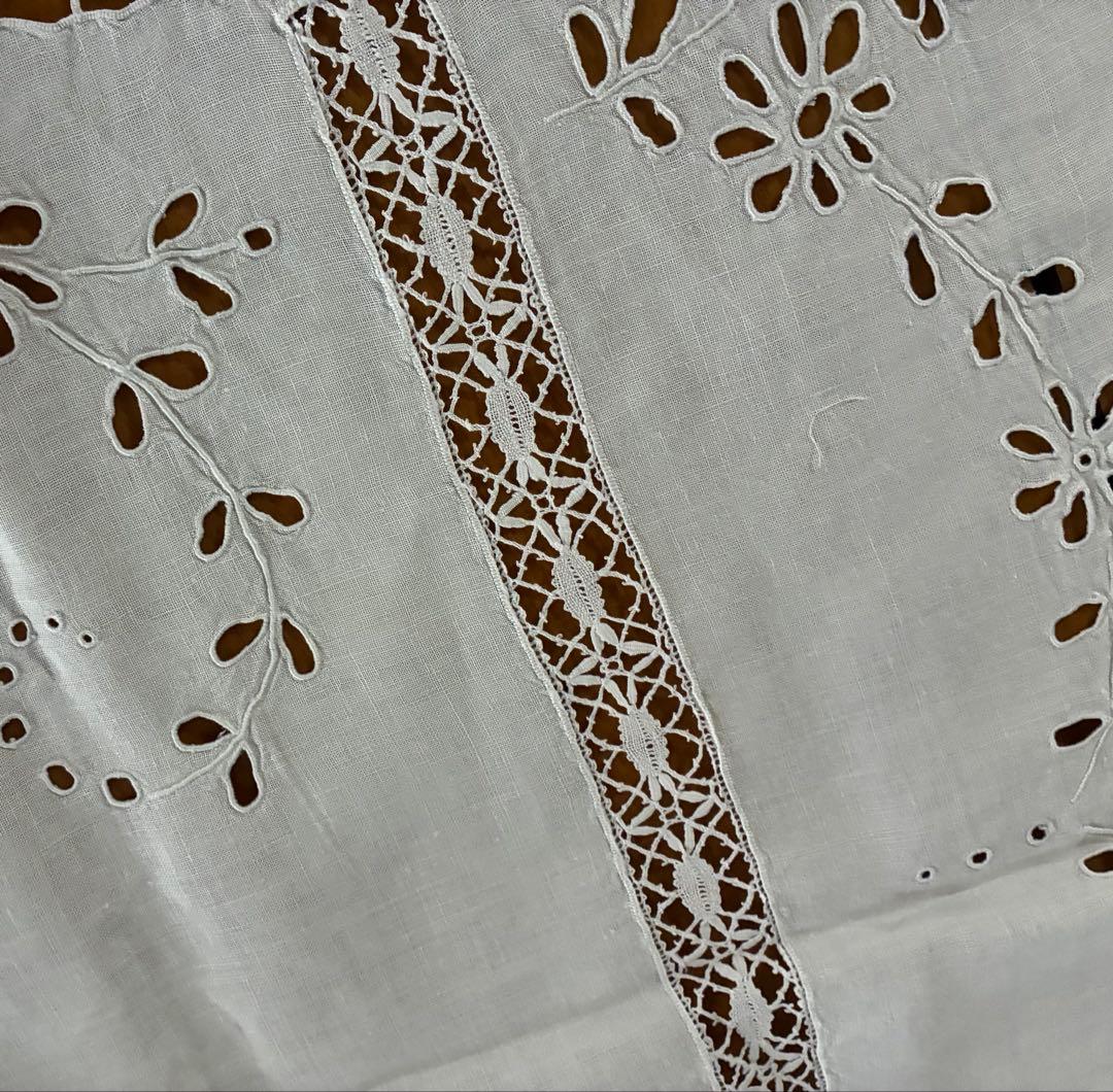 フランスアンティーク*手刺繍*花かご刺繍*テーブルクロス*カバー*ボビンレース