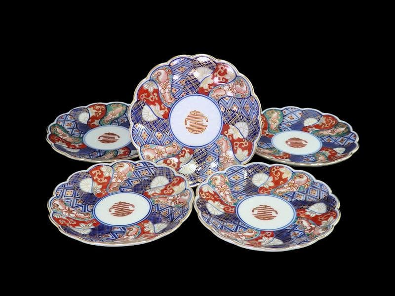 大聖寺伊万里　金襴手 寿紋に捻り輪花菊皿　4寸皿　5客　D820AS-CUy