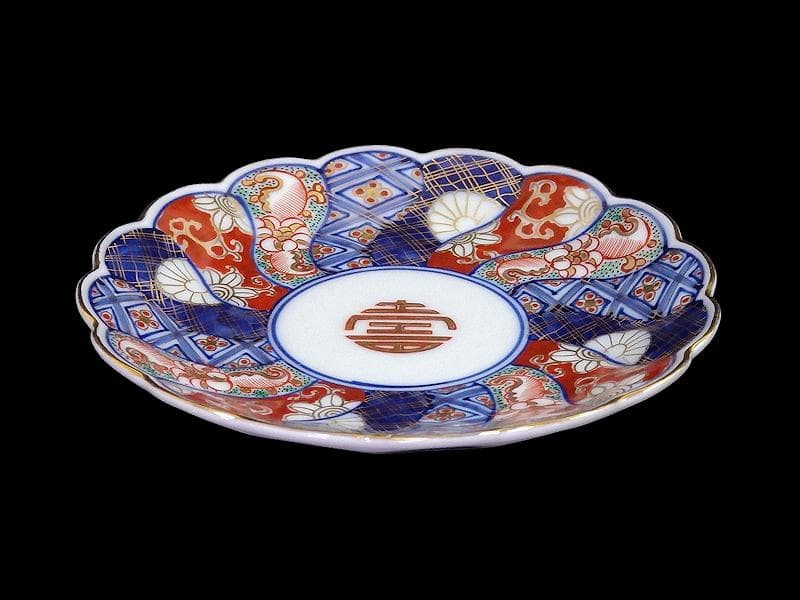 大聖寺伊万里　金襴手 寿紋に捻り輪花菊皿　4寸皿　5客　D820AS-CUy