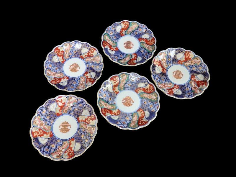 大聖寺伊万里　金襴手 寿紋に捻り輪花菊皿　4寸皿　5客　D820AS-CUy