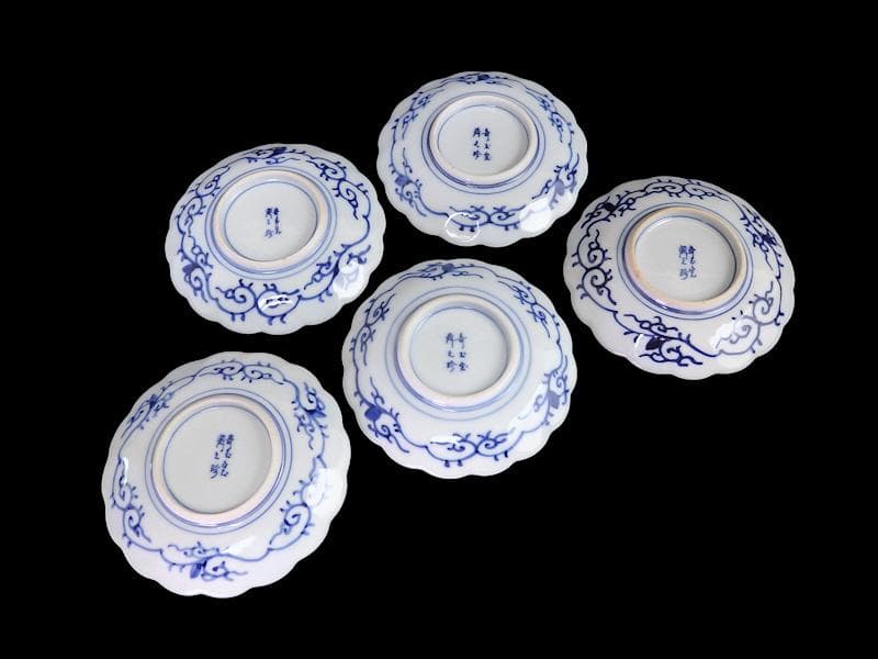 大聖寺伊万里　金襴手 寿紋に捻り輪花菊皿　4寸皿　5客　D820AS-CUy