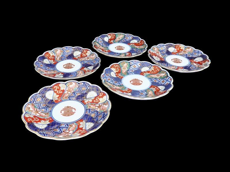 大聖寺伊万里　金襴手 寿紋に捻り輪花菊皿　4寸皿　5客　D820AS-CUy