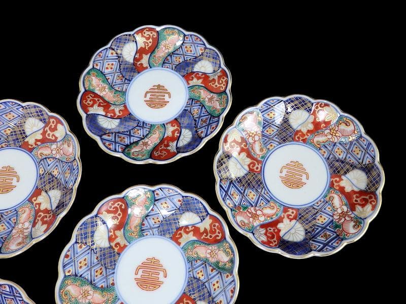 大聖寺伊万里　金襴手 寿紋に捻り輪花菊皿　4寸皿　5客　D820AS-CUy