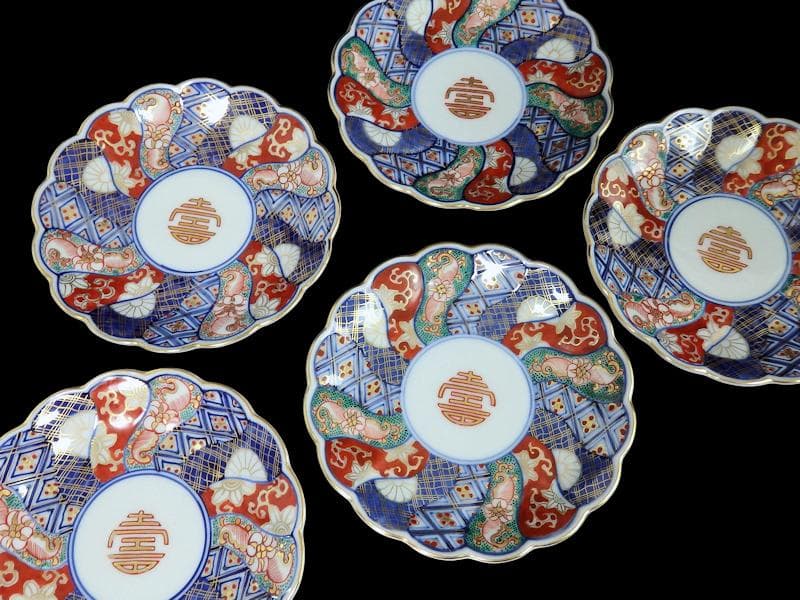 大聖寺伊万里　金襴手 寿紋に捻り輪花菊皿　4寸皿　5客　D820AS-CUy