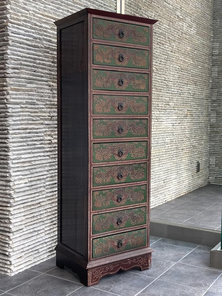 アンティーク　シノワズリ　１０段引出し　チェスト　東洋家具　唐箪笥　中国風文様