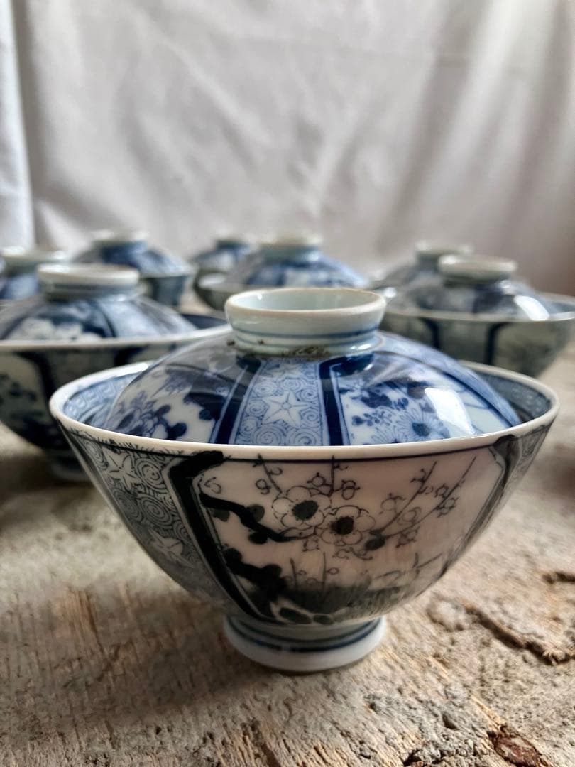 新春お値下げ✅古伊万里✅蓋付き椀18客/染付山水画/骨董/磁器