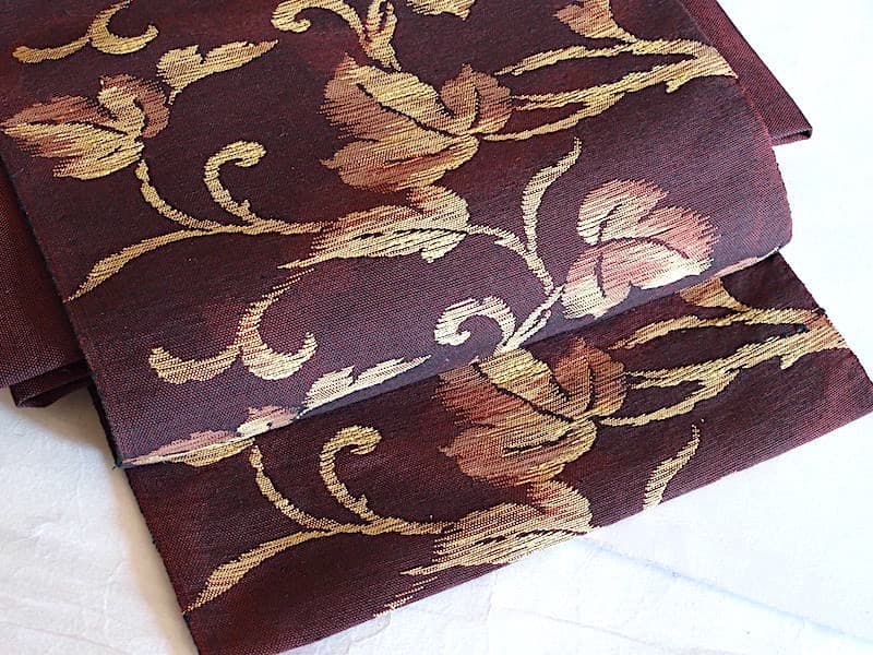 紬八寸名古屋帯（唐葉文）正絹美品