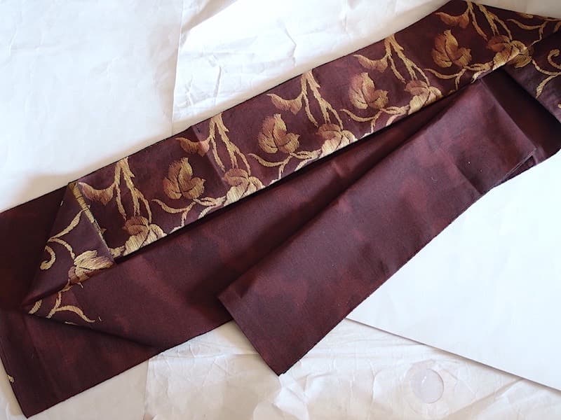 紬八寸名古屋帯（唐葉文）正絹美品