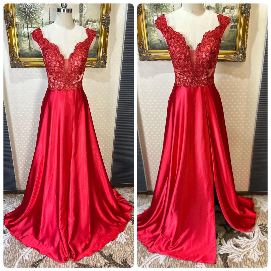 レース装飾 赤 ロングドレス
