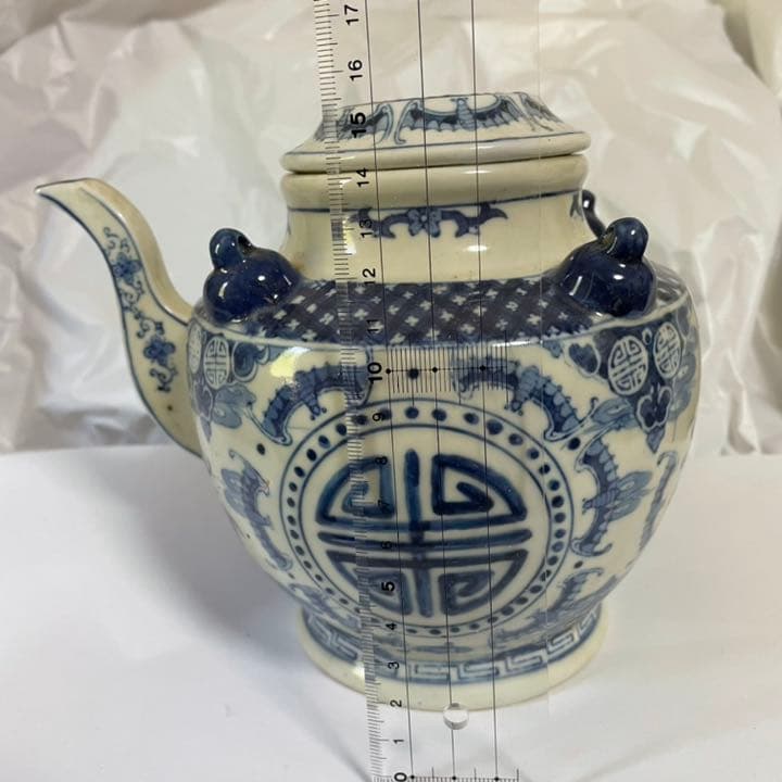 染付　中国　水差し　急須　ポット　龍　蝙蝠　福　アンティーク　China  藍