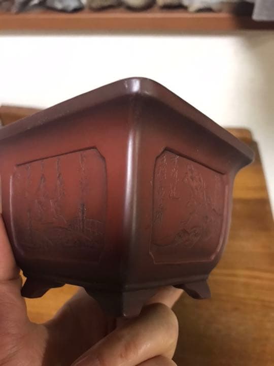 盆栽鉢　時代抜群美品　美芸　正方釘彫ミニ盆栽鉢山野草9.5x6.5cm