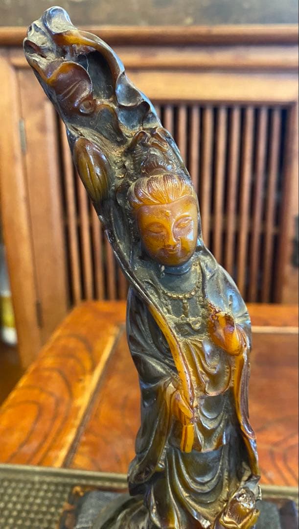 彫刻　弥勒菩薩　バッファロー角 鑑賞台座ケース付　３点セット ヴィンテージ　レア