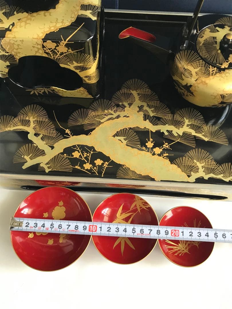 お屠蘇器 銀渕付 黒四つ揃　本松クリ足　松竹梅 金蒔絵 螺鈿 木製漆塗　豪華