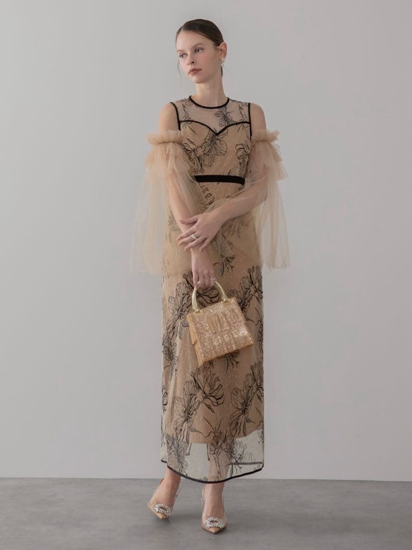 フラワーチュールフリルスリーブIラインワンピースドレス結婚式二次会パーティー