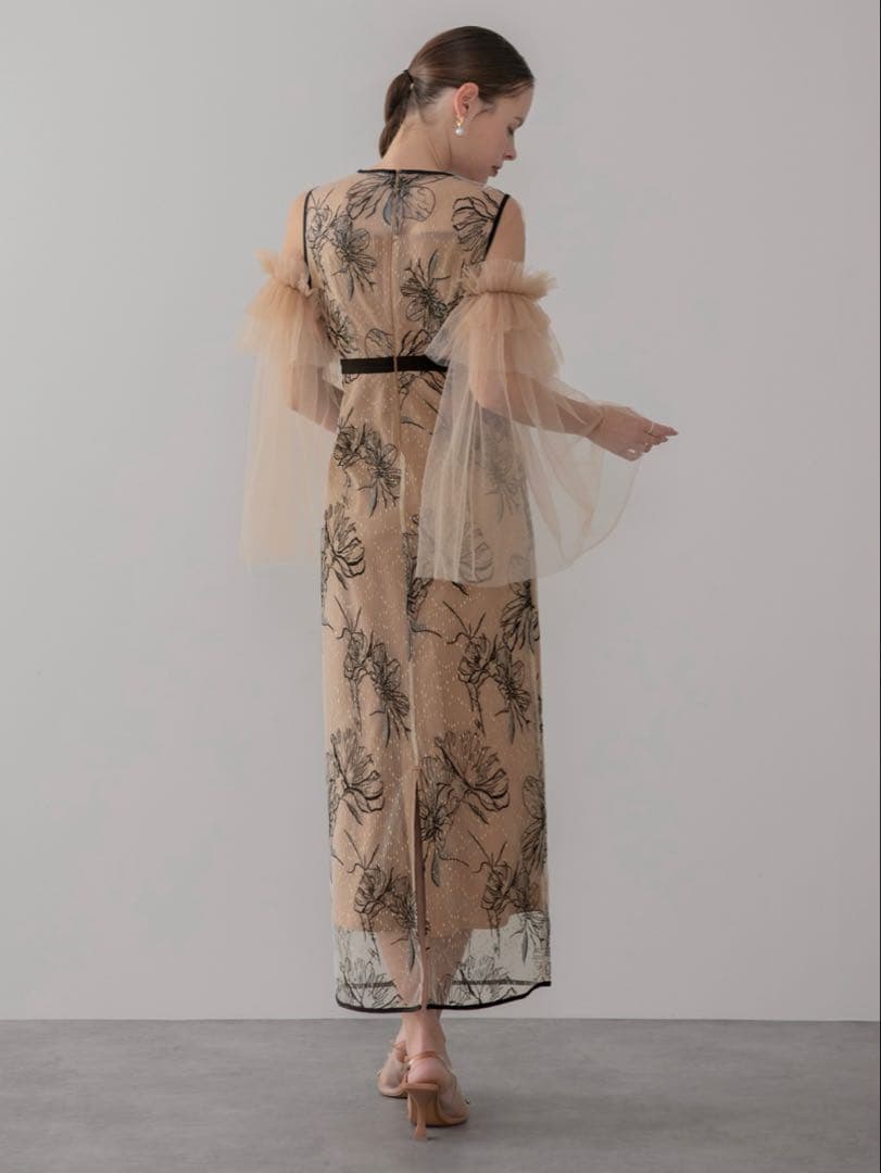 フラワーチュールフリルスリーブIラインワンピースドレス結婚式二次会パーティー