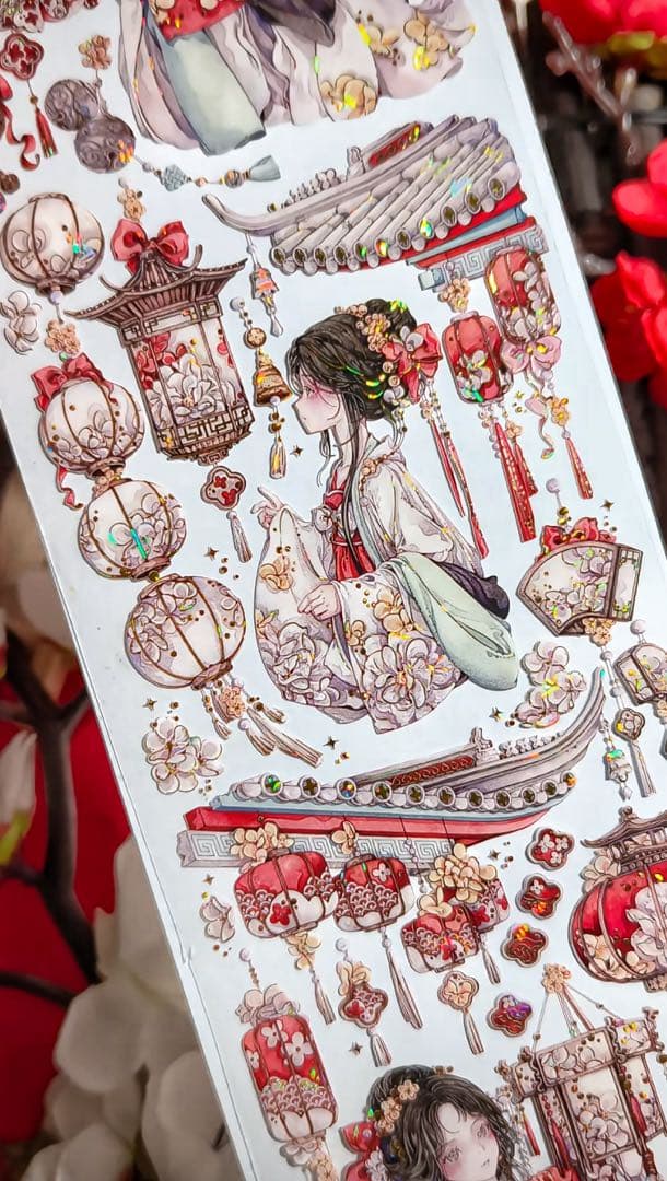 【9403】海外3/5/巻　貝殻金マスキングテープ　獅子先生新作　赤　人物古風系