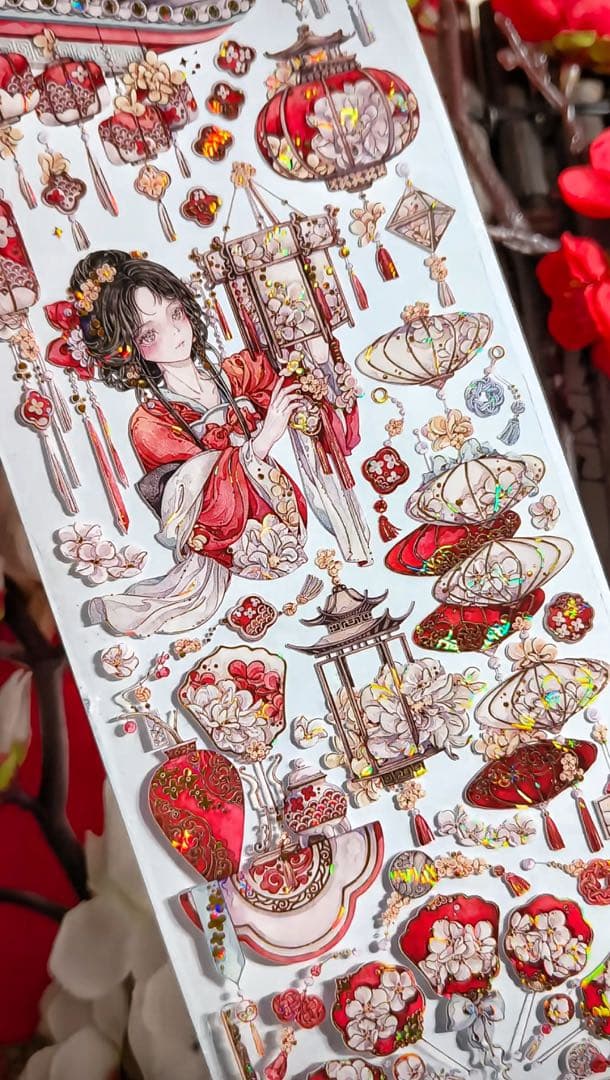 【9403】海外3/5/巻　貝殻金マスキングテープ　獅子先生新作　赤　人物古風系