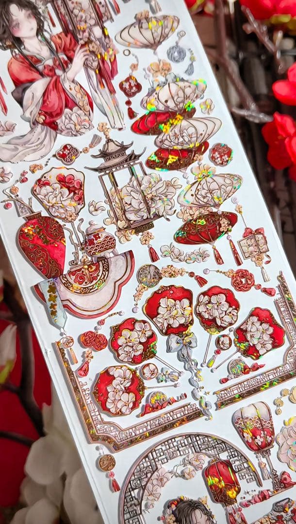 【9403】海外3/5/巻　貝殻金マスキングテープ　獅子先生新作　赤　人物古風系