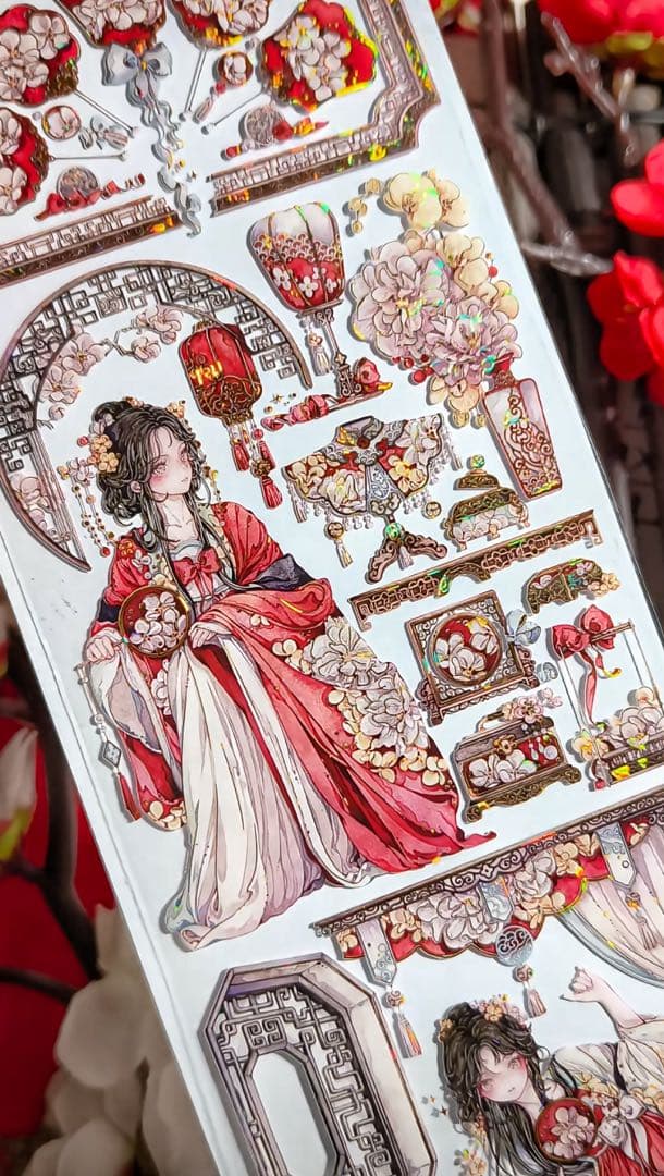 【9403】海外3/5/巻　貝殻金マスキングテープ　獅子先生新作　赤　人物古風系