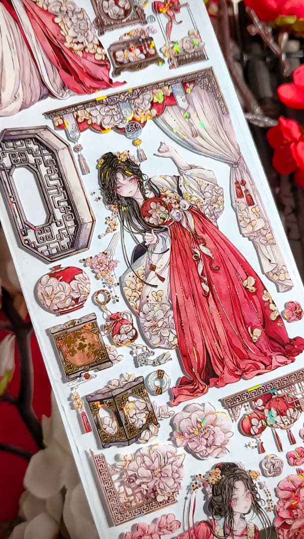 【9403】海外3/5/巻　貝殻金マスキングテープ　獅子先生新作　赤　人物古風系