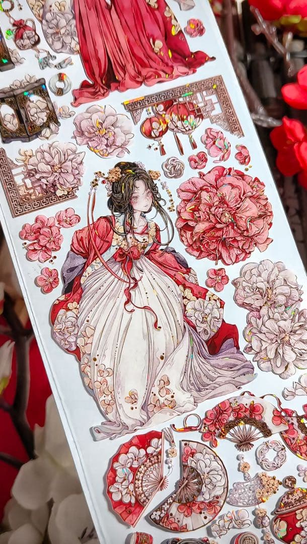 【9403】海外3/5/巻　貝殻金マスキングテープ　獅子先生新作　赤　人物古風系