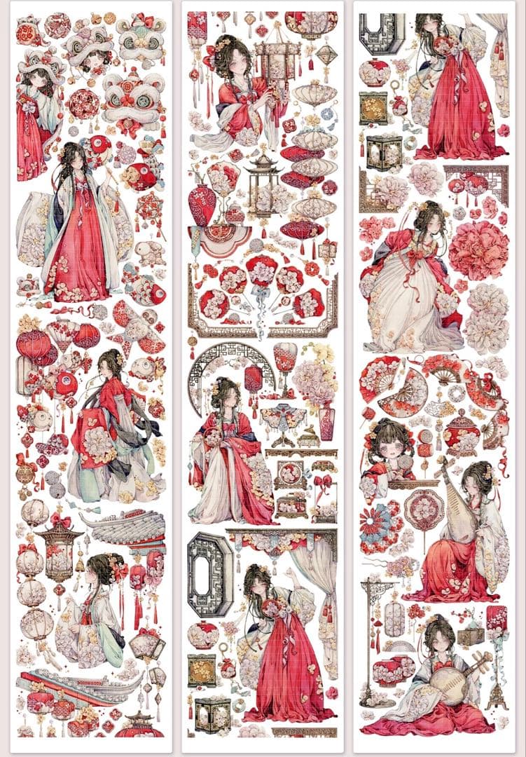 【9403】海外3/5/巻　貝殻金マスキングテープ　獅子先生新作　赤　人物古風系