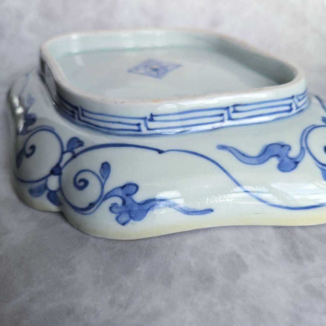 古伊万里　型紙摺　隅入菱皿　江戸時代　染付　変形皿　金直し　金継ぎ　アンティーク