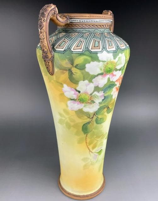 【超大型・訳アリ】オールドノリタケ 約３１．５㎝　花紋盛上げ花瓶 クレマチス