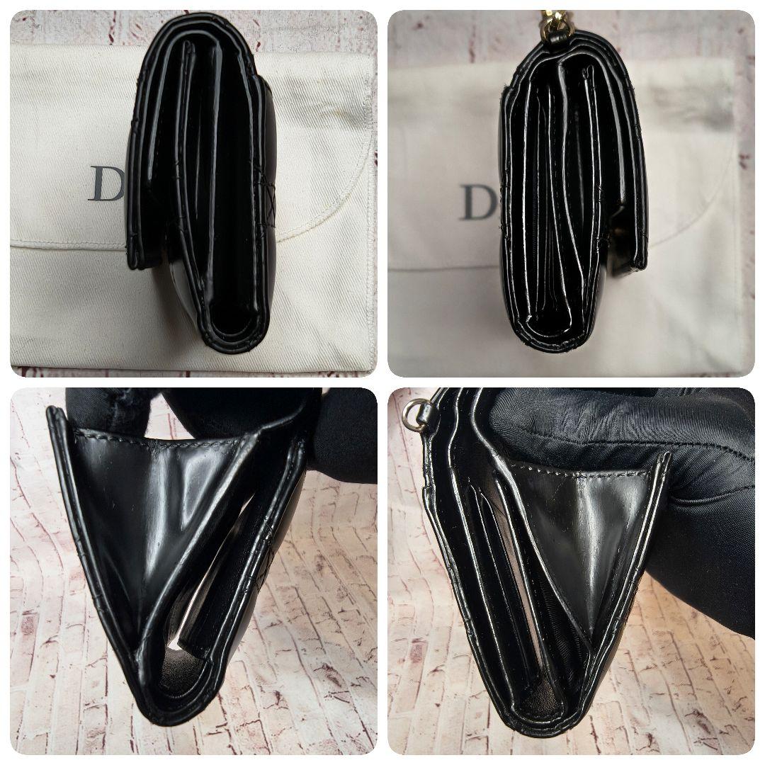 【美品】ディオール 三つ折財布 ロータス カナージュ エナメル ラムスキン／黒E