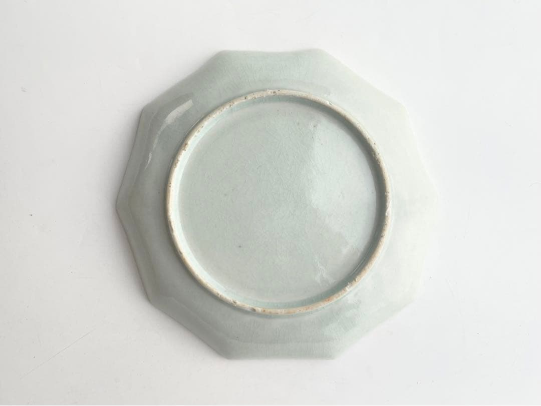 骨董　アンティーク　古伊万里　青磁染付　檜垣　花文様　十角皿　六寸皿