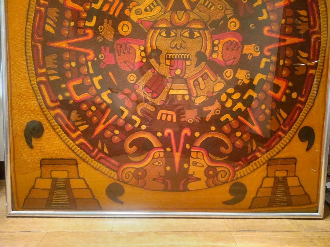 レトロ★メキシコ製品 当時物 世界遺産 マヤ文明 太陽の石 刺繍 装飾品 飾り物