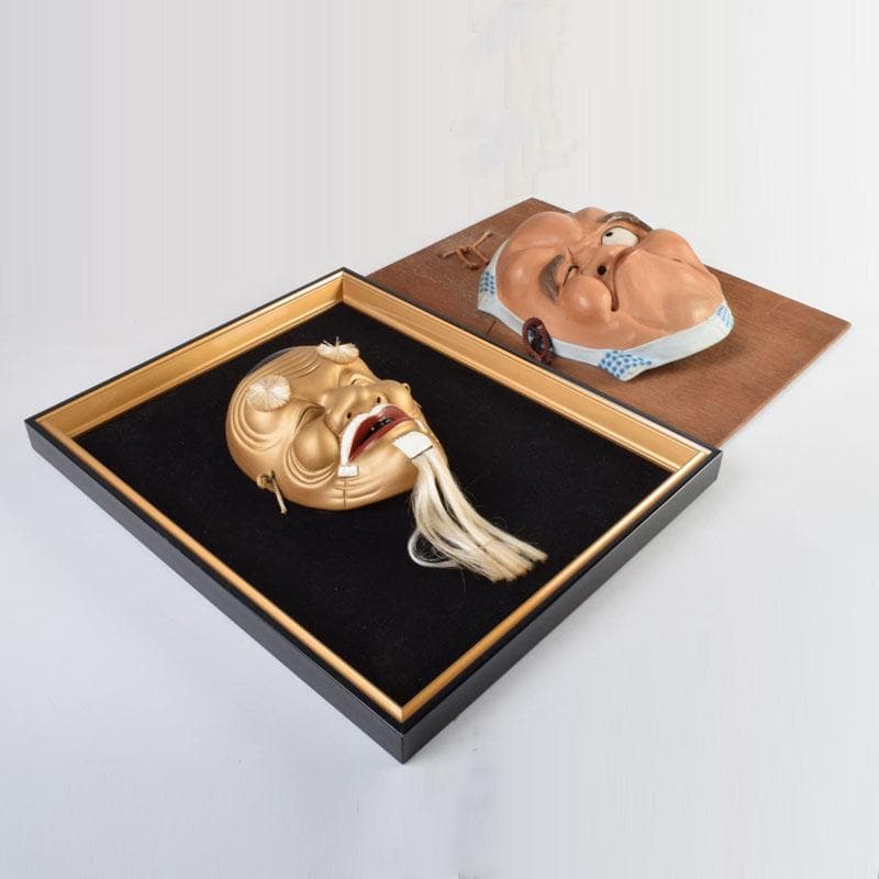 能面　能楽　雅楽　陶器製　翁　ひょっとこ　お面　2点まとめて　額装　V9153A