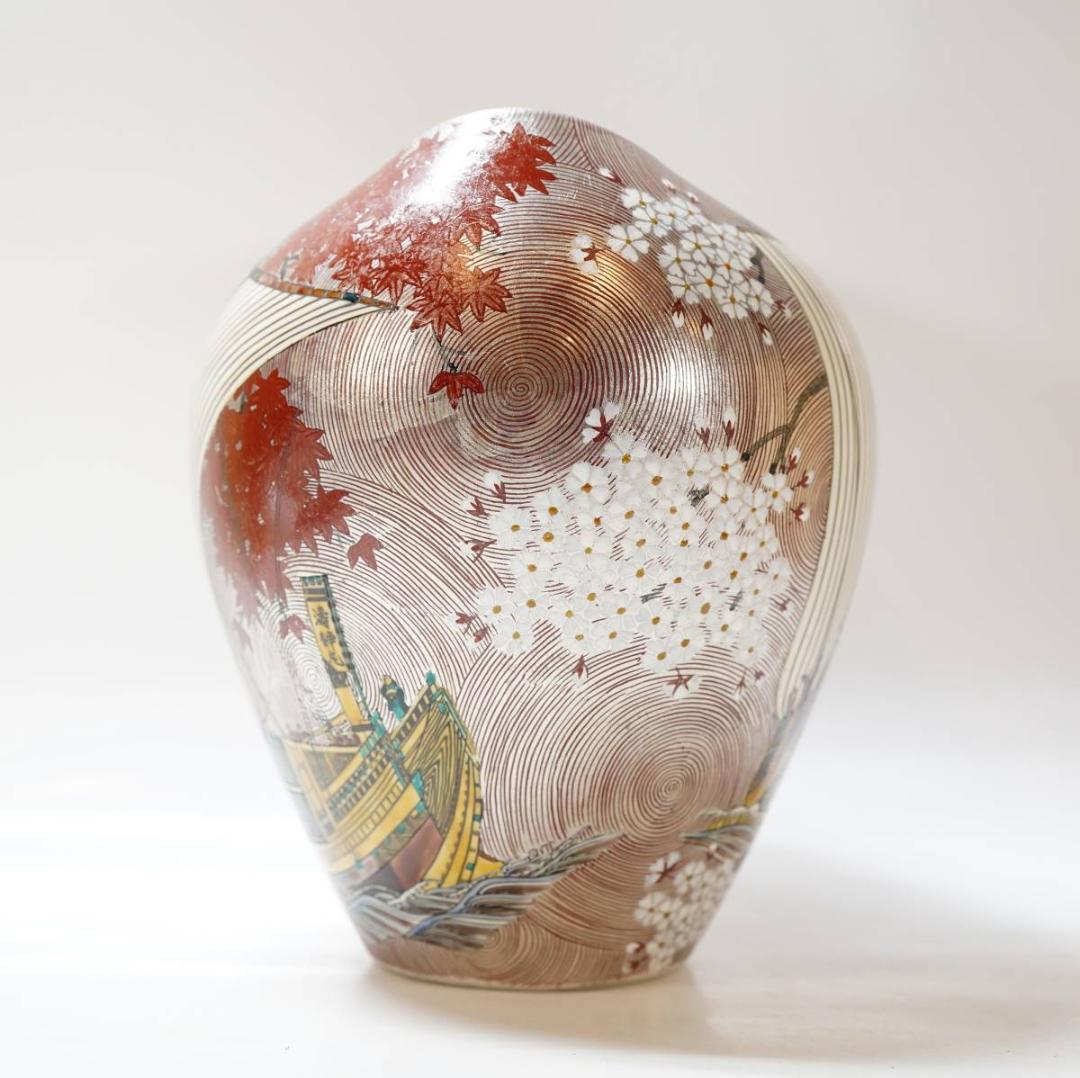 NA3411 九谷焼 プラチナ箔 北前船 飾壷 北村隆 秀逸作 共箱付 名工