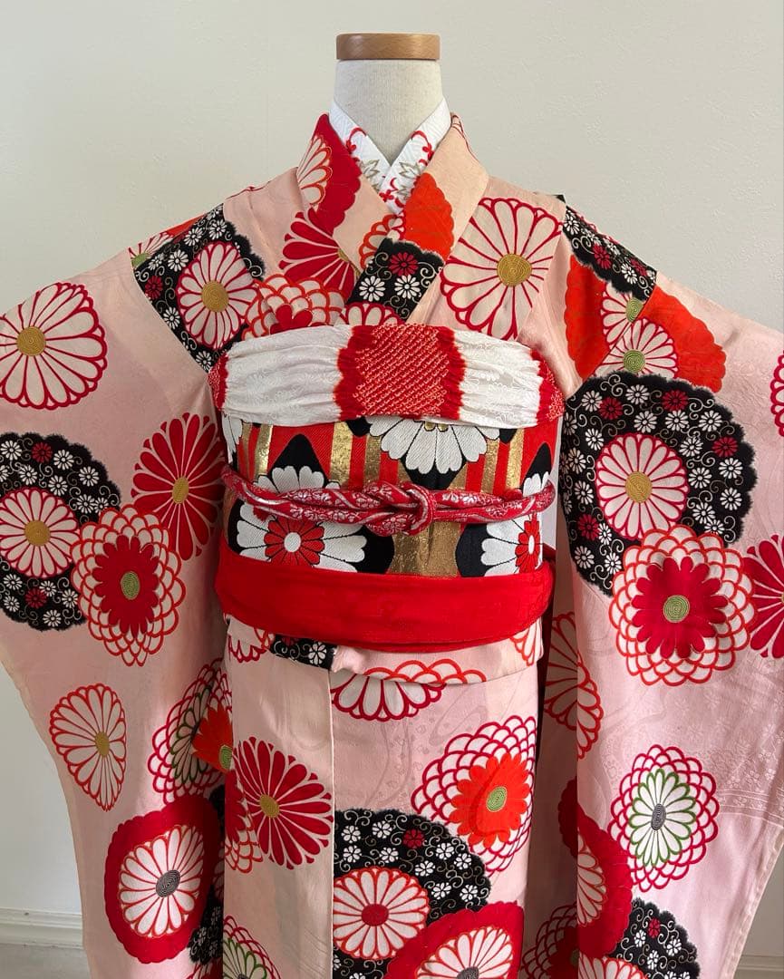 7歳　七五三　ハーフ成人式　アンティーク正絹着物、帯、帯揚げ、帯締め　しごき