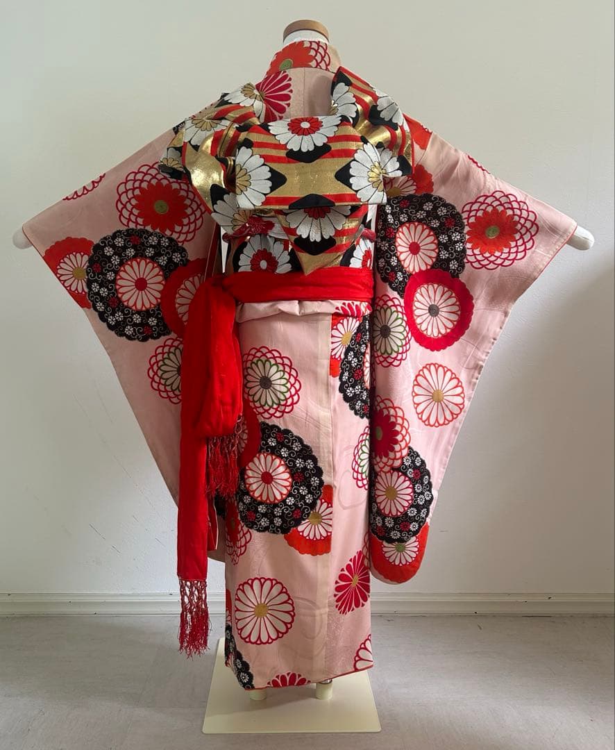 7歳　七五三　ハーフ成人式　アンティーク正絹着物、帯、帯揚げ、帯締め　しごき