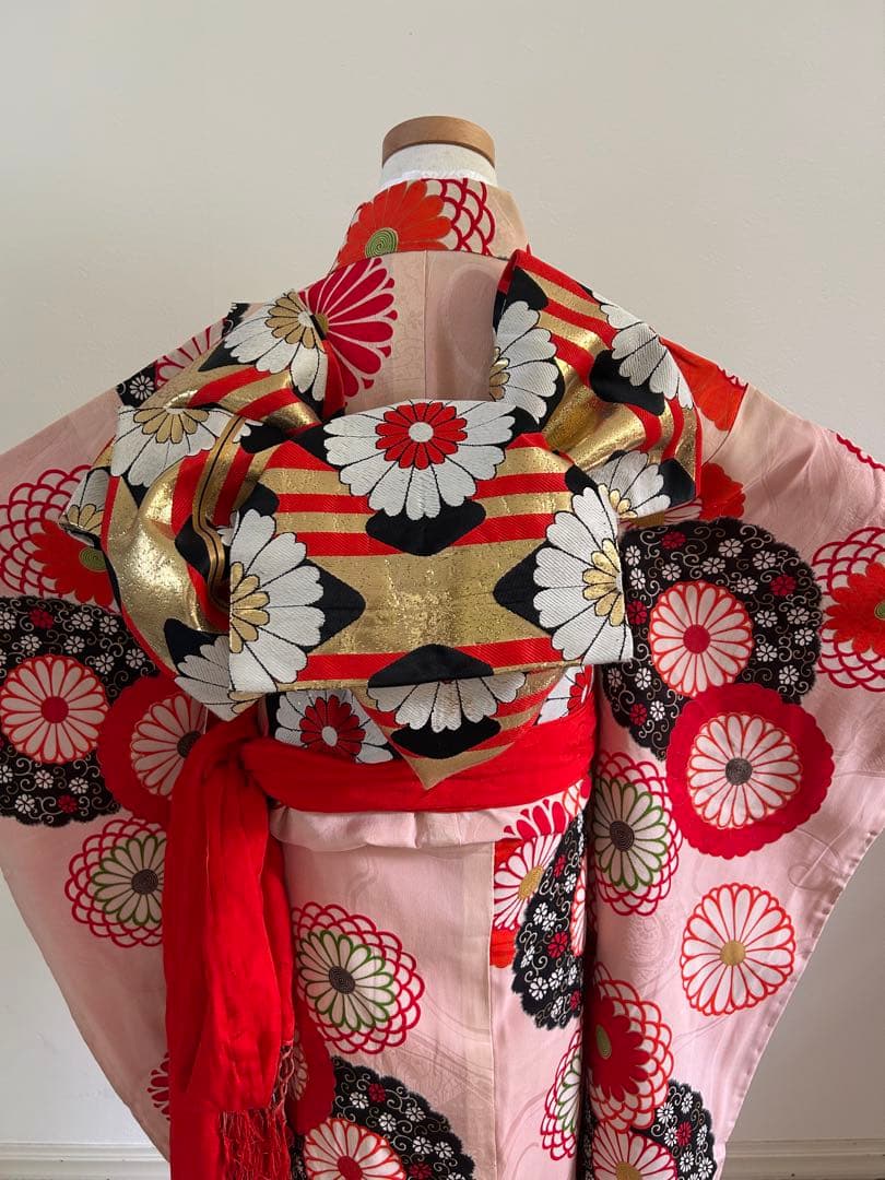 7歳　七五三　ハーフ成人式　アンティーク正絹着物、帯、帯揚げ、帯締め　しごき