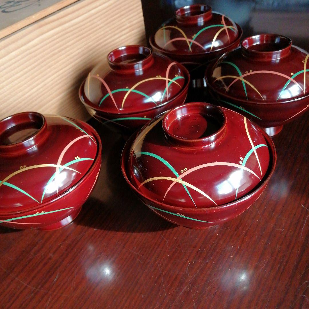 山中塗　和田瑾斎　色絵吸物椀　5客　12cm