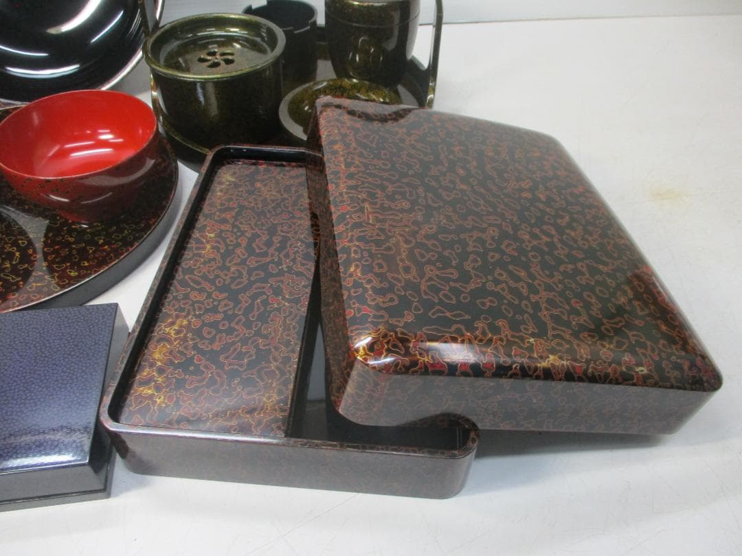 津軽塗 漆器まとめて 唐塗/七々子塗 重箱/硯箱/丸盆/菓子器/夫婦碗他