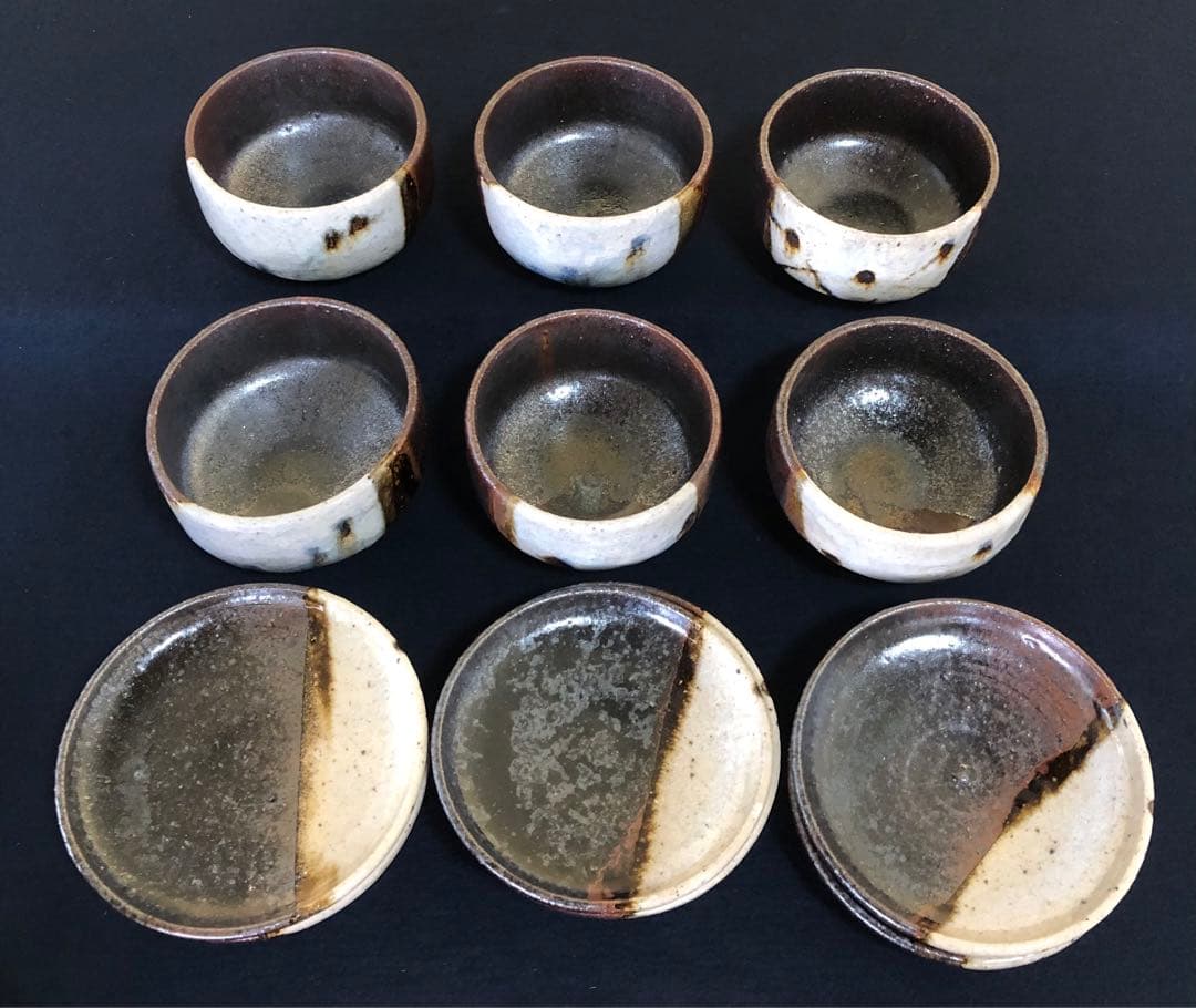 《R》廣永窯 黒織部 蓋物6客 坪島土平 共箱　250826G2