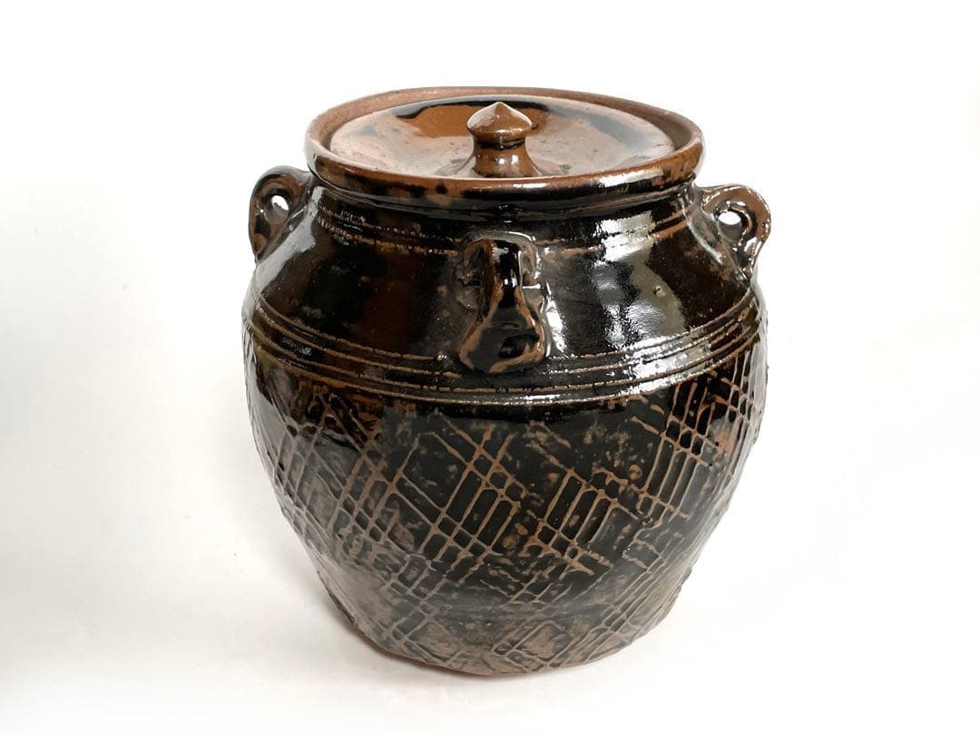 陶芸家　人間国宝　濱田庄司　浜田庄司　？　鉄釉　文打　水指　茶道具　箱なし