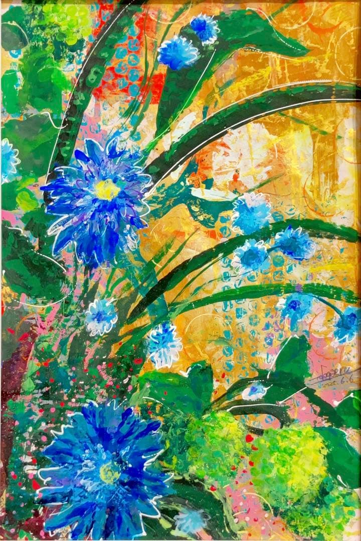 値下げ　原画　花　額付き　静物画　絵画　アクリル画　現代アート　一点物