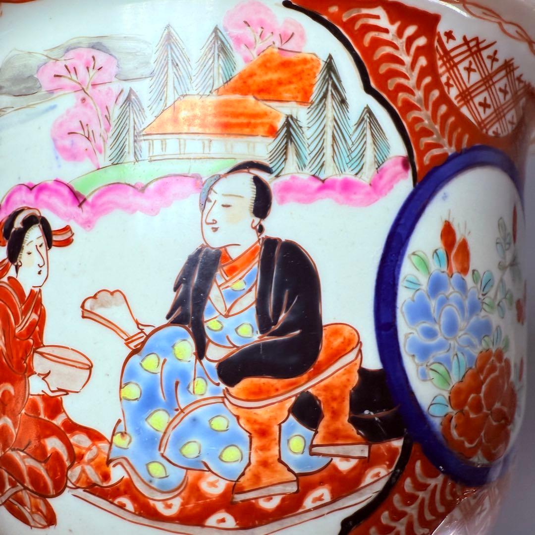 明治～大正期　輸出向　有田焼　色絵人物図　窓絵　アンティーク　植木鉢